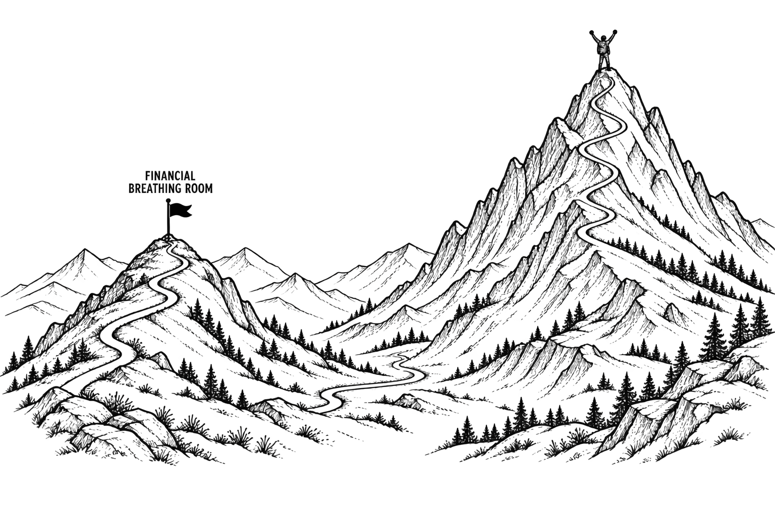 Two mountains joined by a winding trail. A flag marks financial breathing room on the first summit, and a hiker stands with raised arms on the second summit.
